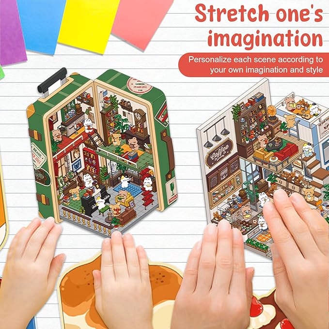 DIY 3D Sticker Scene, 8 Sets Fun DIY 3D House Stickers, Make Your Own Mini Room Scenes, Cute Cartoon 3D Miniature Scene Stickers Book, 3D Sticker Therapy for Adults Kids Relief Stress Pass The Time