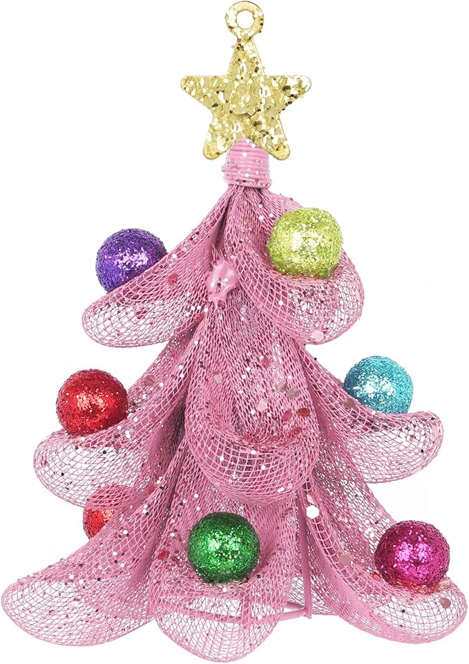 XMIAOX Mini Metal Christmas Tree, 5.9" Handcrafted Wire Mesh Tree Tabletop Hanging Ornament with Star Tree Topper & Colorful Glitter Balls, Sparkling Holiday Decoration for Desk, Shelf & Home Décor