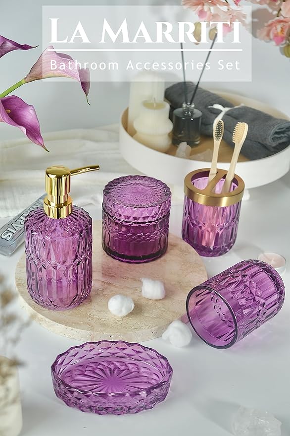 LaMarriti Purple Bathroom Accessories Set, 5Pcs Clear Glass Bathroom Set, Soap Dispenser, Toothbrush Holder Set, Soap Dish, Qtip Holder, Tumbler for Vintage Crystal Bathroom Decor, Gift Set (Violet)