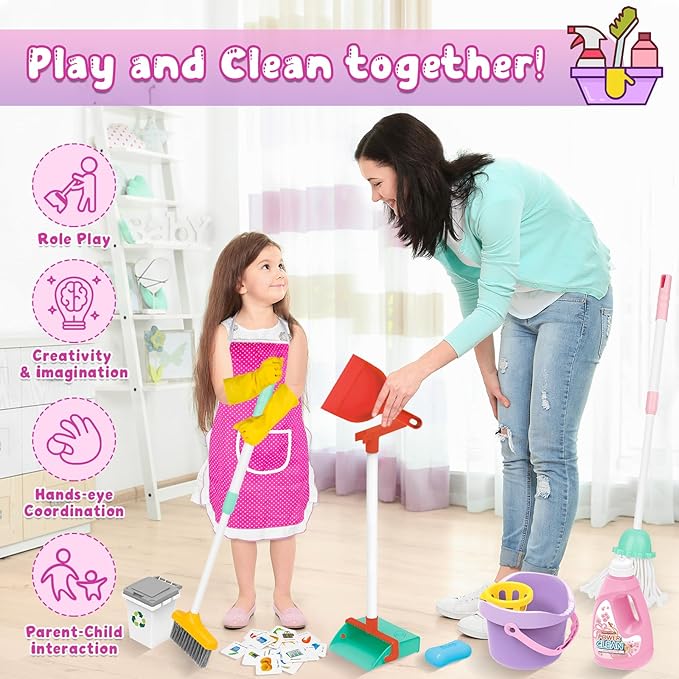 deAO Kids Cleaning Set 17 Pcs,Toy Cleaning Set Includes Broom,Mop,Brush,Dust Pan,Duster,Sponge,Clothes,Spray, Bucket, Caution Sign,Pretend Housekeeping Play Set