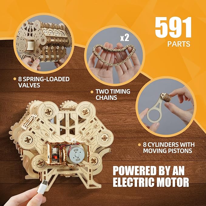 3D Puzzles for Adults - Wooden V8 Engine Model Kit, 3D Puzzle Model Engine Kit with Working Motor, DIY Kits Hobbies for Men for Men, Teen (591 Pcs)