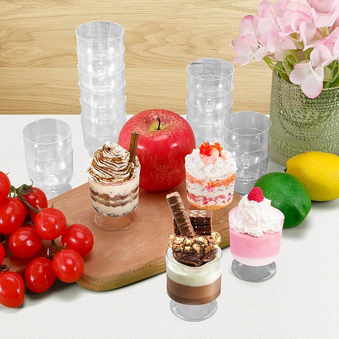 Loccmat 2 oz Mini Dessert Cups, 80 Pack Clear Plastic Wine Glasses, Disposable Dessert Shot Glasses for Party, Wedding, Birthday, Tasting