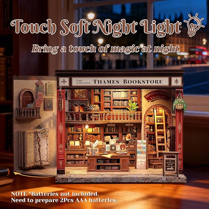 Book Nook Library Kit, DIY Miniature Dollhouse Booknook Kits for Adults Teens, Magic Bookshop 3D Wooden Puzzle Crafts Bookshelf Decor with LED Light, Gift for Family and Friends (Thames Bookstore)
