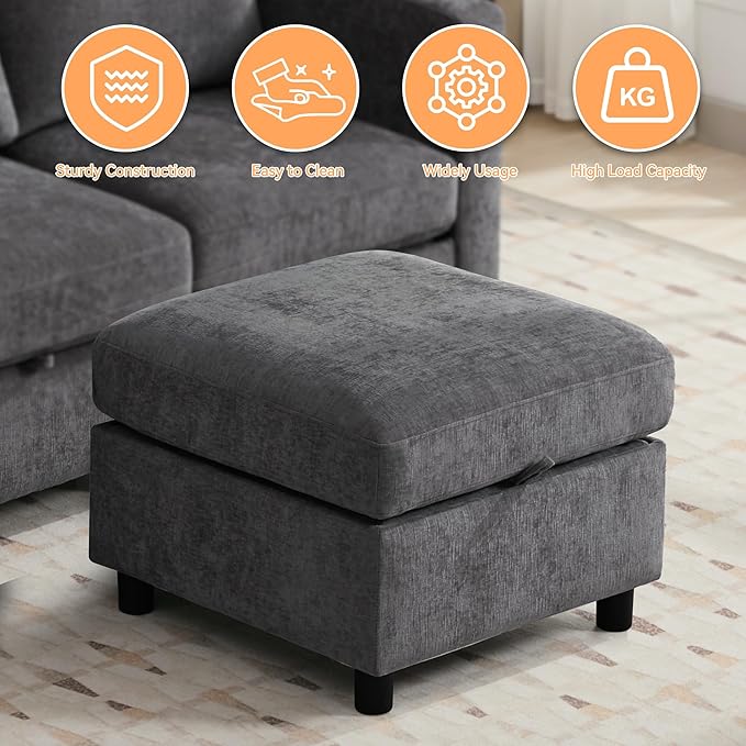 25" Square Storage Ottoman for Modular Couch, Convertible Footrest with Hidden Compartment, Chenille Upholstered Coffee Table & Extra Living Room Seating, Dark Grey