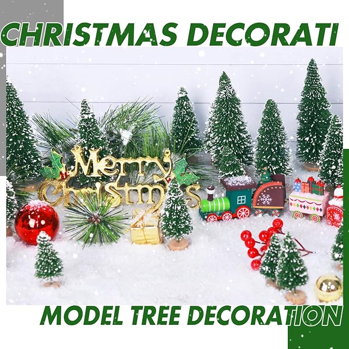 30Pcs Mini Christmas Tree Decor, Artificial Christmas Tree 5 Sizes,Mini Sisal Snow Frost Trees with Wooden Base for Christmas Decor Christmas Party Home Table Craft Decorations (B/Green)