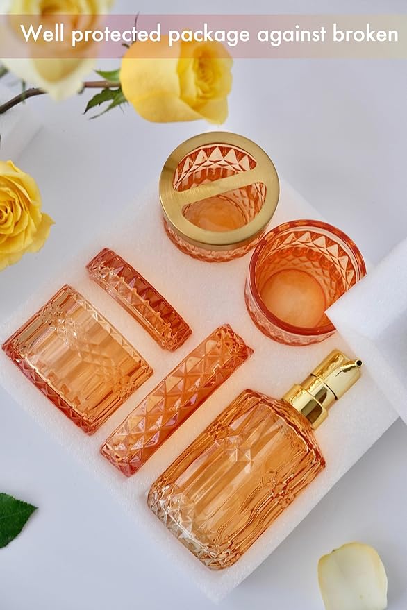 LaMarriti Orange Bathroom Accessories Set, 5Pcs Clear Glass Bathroom Set, Lotion Soap Dispenser, Soap Dish, Tumbler, Toothbrush Holder Set, Qtips Holder for Vintage Bathroom Decor, Gift Set