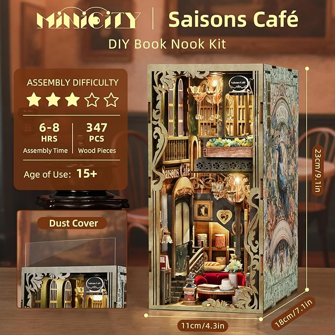 Book Nook Kit, DIY Miniature Dollhouse Kit 3D Puzzles for Adults Tiny House Mini Home Craft Bookshelf Nook Puzzle Book Decor Gifts for Teenagers Book Lovers (Saisons Café)