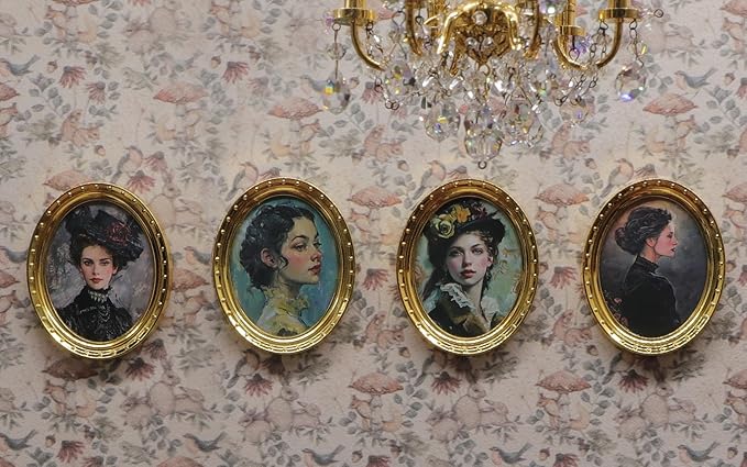 iLAND Miniature Dollhouse Accessories, 4 Dollhouse Picture Frames Set w/ 4 Beauty Portraits (4 Gold-Toned Oval Frames w/ 4 Pictures)