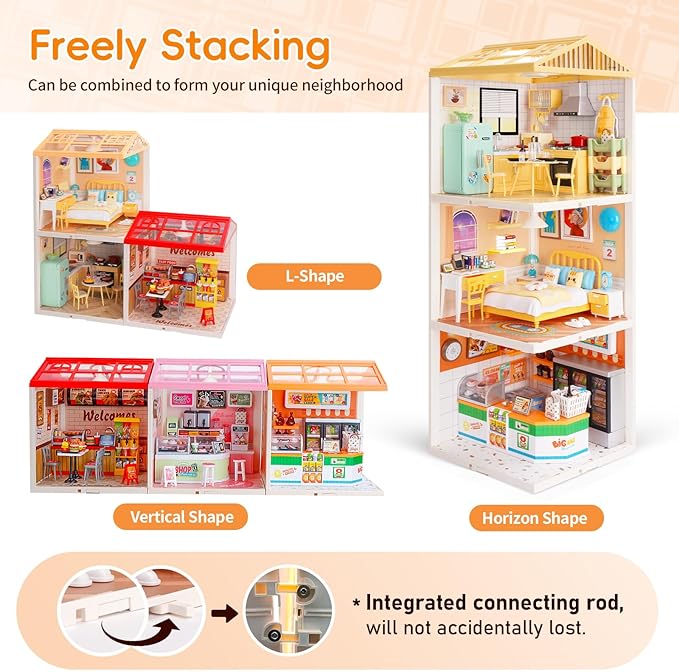 Hallisun LED Building Blocks for Adults, 1:24 DIY Miniature Dollhouse Kits with Roof & Dustproof Cover, Tiny House Toy Building Sets for Kids Ages 8-12-15, Birthday Hobbies Gift for Men Women Boy Girl