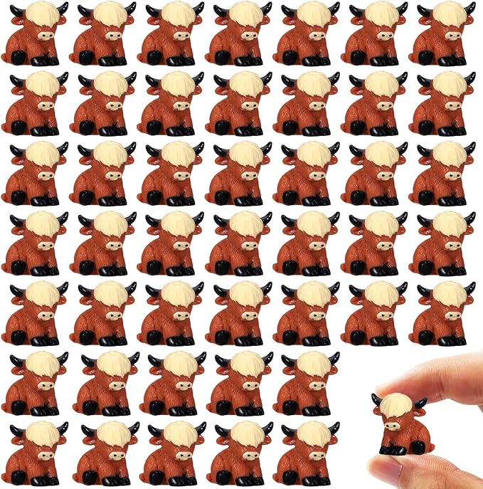 50 Pcs Mini Highland Cow Figurines for Fairy Gardens,Miniature Landscapes, Micro Landscape be Used for Various DIY Projects and Decorative