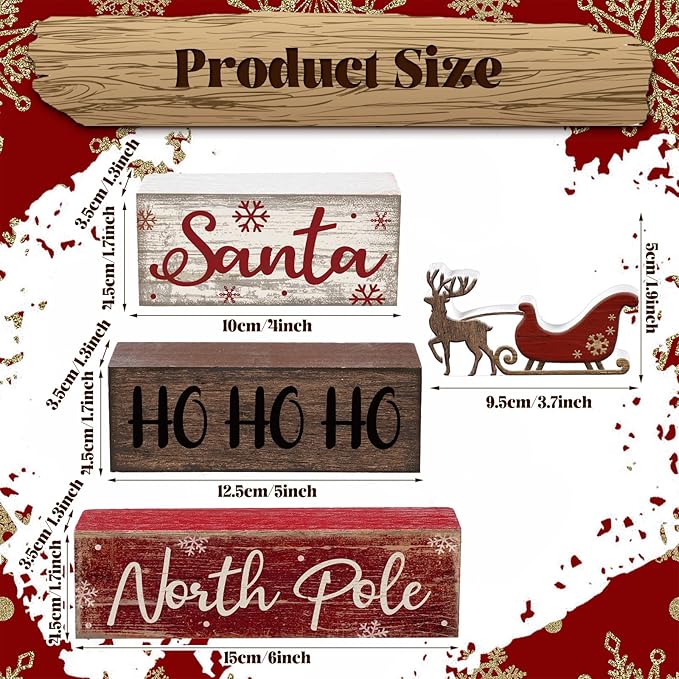 Moucuny 4 Pcs Reindeer Christmas Table Decor Wooden Reindeer Christmas Tiered Tray Decor Xmas Centerpiece Decorative Red Deer Pulled Sleigh Block Signs Gift Farmhouse Xmas Decoration for Home Kitchen