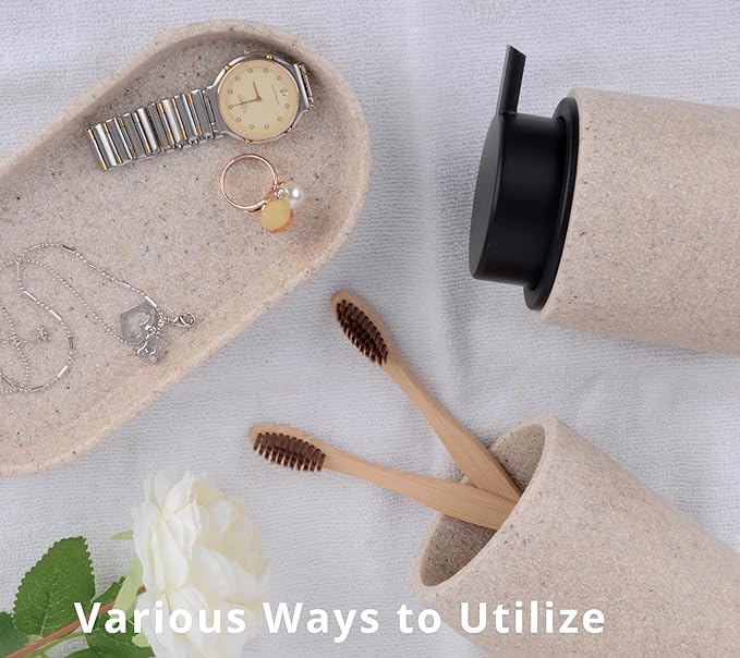 Clasin Home Beige Bathroom Accessories Set, 3 Pcs Resin Bathroom Accessories Complete Set, Sandstone Look Soap Dispenser with Large Pump, Toothbrush Cup, Soap Dish for Modern Home Decor and Kitchen