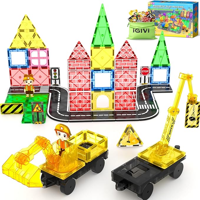 106PCS Magnetic Tiles Road Construction Set - STEM Magnet Building Blocks with Excavator & Crane - Educational Toys Games for Kids Ages 3-12 - Toddler Toys Gifts for Boys and Girls