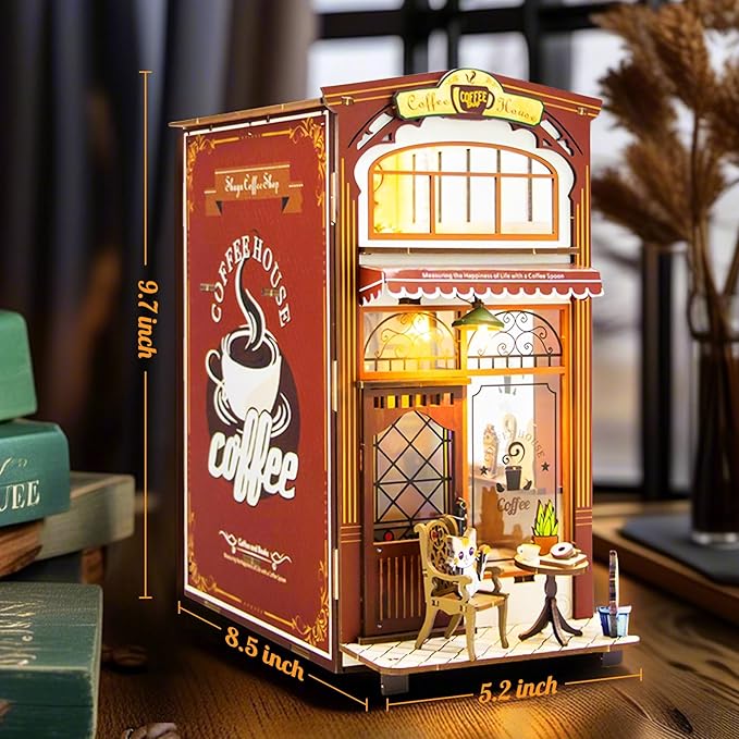 DIY Book Nook Kit - Dollhouses Café with LED - Miniature 3D Wooden Puzzle House Kit - Educational Toys forAdults and 14+ Teens Building