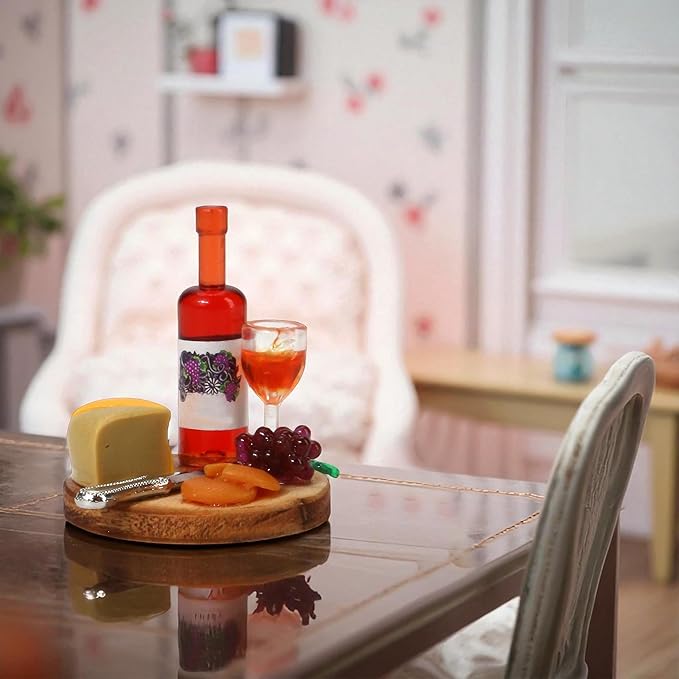 1:24 Mini Wine Decor Scale Dollhouse Miniatures – Miniature Wine Cheese and Board Platter Accessory with Tiny Bread Pastries and Bottle – DIY Micro Food Model for Kitchen Dining Room Scene Decor
