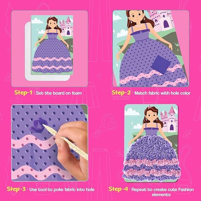 jackinthebox Poke Poke Art for Kids - Fashion Theme, Mess-Free Fabric Art and Craft, Flower Pressing Kits, Gift for Kids, Girl Gifts, Toys for Girls Ages 4 5 6 7 8