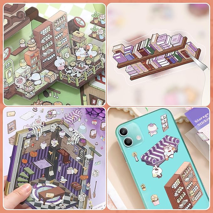 DIY 3D House Stickers, 4 Set Fun DIY Stickers Scene Make Your Own Warm Home, Supermarket, Coffee Shop, Music Bar, Cute 3D Cartoon Scene Stickers for Adult Kids Relief Stress Pass The Time (XM4.0)