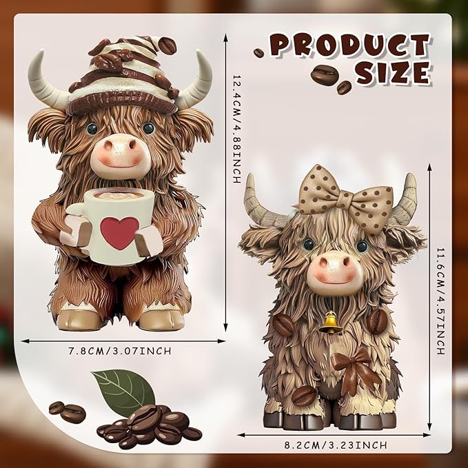 Burbell 2 Pack Highland Cow Resin Figurine Decor Coffee Theme Highland Cow Gnomes Starfish Resin Statue for Garden Table Shelf Kitchen Home Coffee Bar Decor Calf Gnome Herd Gifts