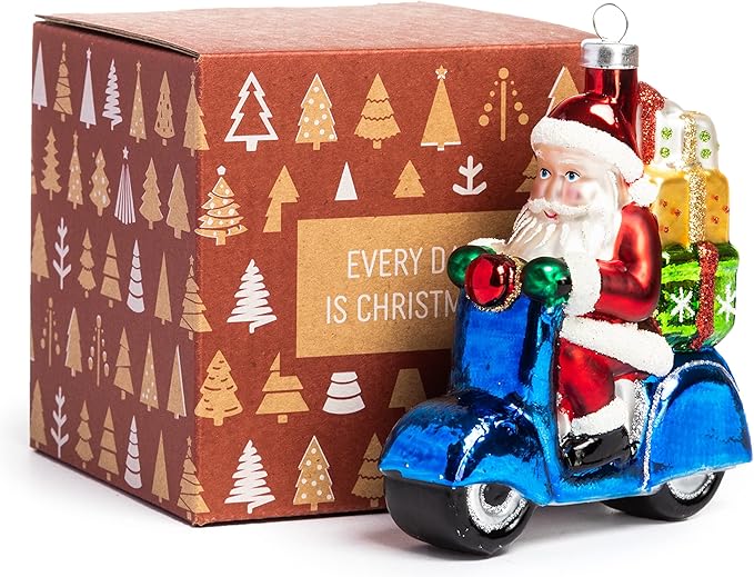 Every Day is Christmas Glass Blown Ornaments Cute Hand Made Figurines Tree Decoration, Motorcyle Santa