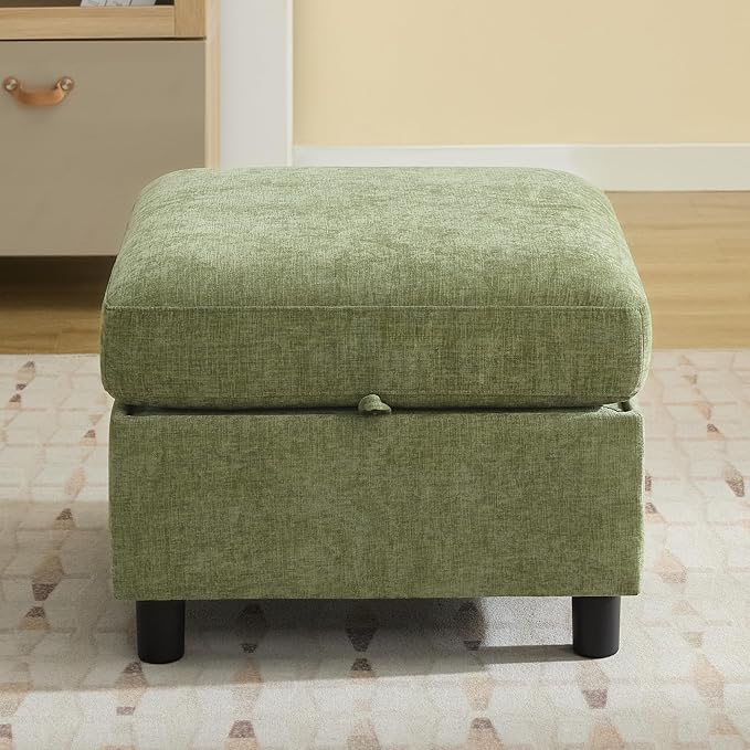 25" Square Storage Ottoman for Modular Sectional Sofa, Convertible Couch Footrest with Hidden Compartment, Chenille Upholstered Coffee Table & Extra Living Room Seating, Green