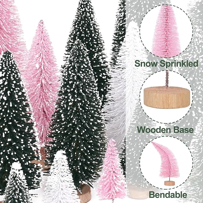 Waipfaru Pink Christmas Decorations, 30 Pcs Mini Bottle Brush Christmas Trees, Miniature Small Pine Trees for Xmas Tabletop Crafts Indoor Table Home Decor (Pink & White)