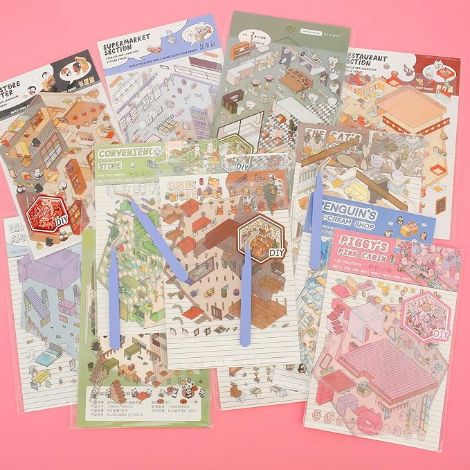 DIY 3D House Sticker, Creative 3D Stickers Scene, Fun 3D House Sticker Set, Decorative 3D Room Sticker, Cartoon 3D Miniature Scene Stickers for Adults Kids to Make Your Own Mini Room Scenes (Set 3)