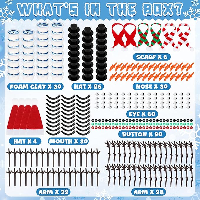 30 Pack Snowman DIY Kit, Christmas Crafts Supplies, Christmas Stocking Stuffers for Kids, Build a Snowman Kit with Air Dry Clay Xmas Stocking Stuffers Presents for Party Favors Winter Activities