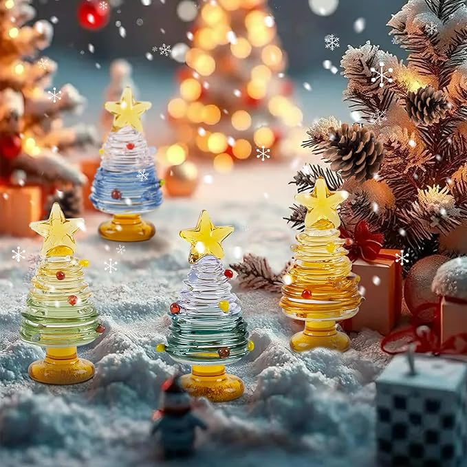 dolitify 4Pcs Mini Christmas Tree Glass Figurine Set, Mini Hand Artificial Glass Christmas Tree Traditional Craftsmanship Holiday Tabletop Decoration Gift Home Decor Craft Party (1)