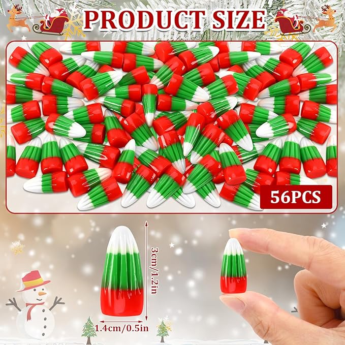 56 Pcs Fake Christmas Mini Resin Candy,Red Green Christmas Candy Corn Artificial Ornaments for Xmas DIY Crafts Party Figurines Garden Miniatures