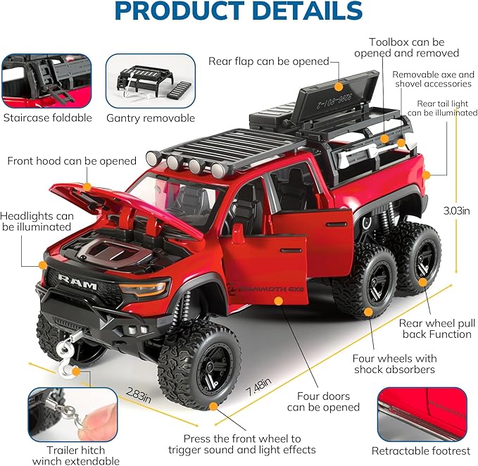 Toy Trucks for Boys 1/32 Diecast Trucks Mammoth Model Truck,Collectible Pickup Truck Model Kit,Pull Back Cars with Lights and Sounds,Toy Trucks for Boys Age 4-7（Red）
