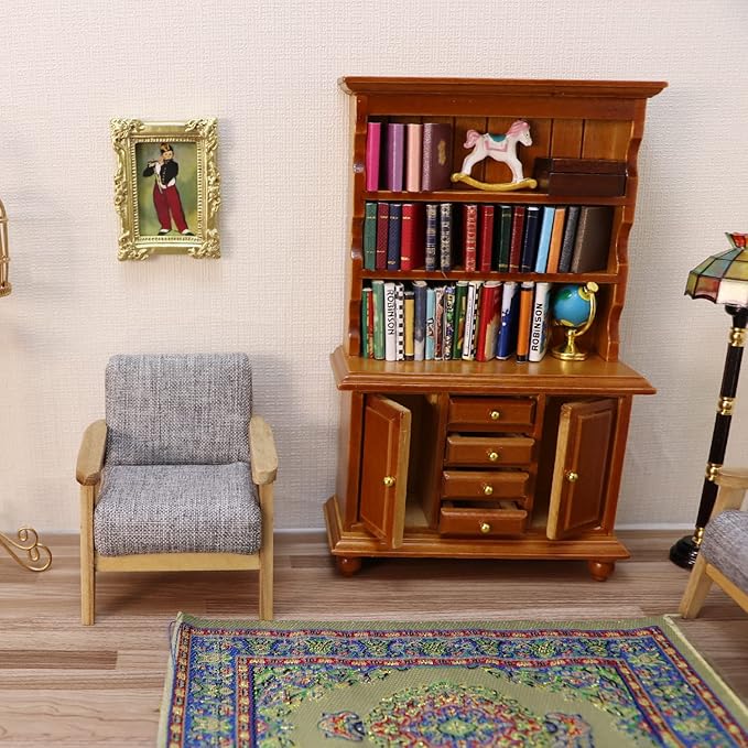 1:12 Scale Miniature Cupboard Bookshelf Classic Wooden Mini Storage Hutch Kitchen Dollhouse Bookshelf Wood Cabinet 1:12 Furniture Display Showcase Decoration Sideboard Accessories (Walnut Color)