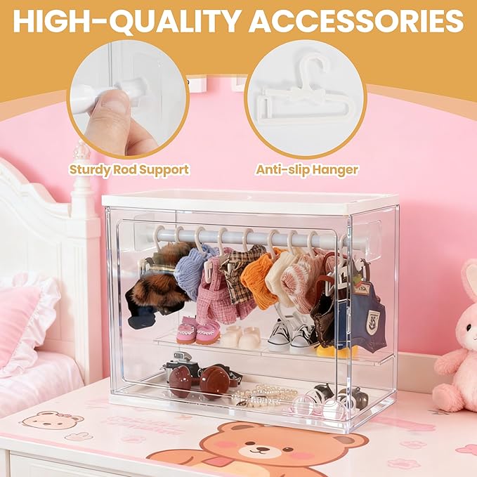 Clear Display Case Compatible with Labubu 15/17cm Doll Clothes & Accessories, Includes 10 Hangers, 1 Rod & 2 Supports, Stackable Doll Wardrobe Acrylic Organizer Shelf