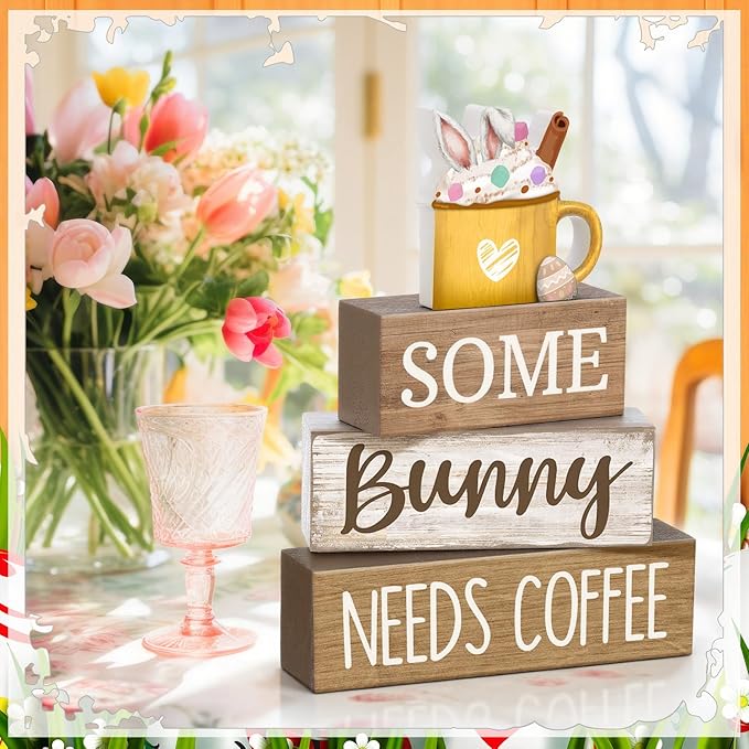 Moucuny 4 Pcs Easter Table Decorations Wooden Coffee Bunny Tiered Tray Decor Happy Easter Centerpiece for Tables Decorative Rabbit Block Signs Gifts Farmhouse Rabbit Decor for Home Kitchen Shelf