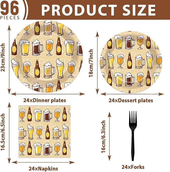 96 Pcs Cheers Party Decorations Cheers Themed Tableware Bar Theme Plates Napkins Forks Yellow and Khaki Supplies for Bar Bachelorette Festival 30th 40th 50th Birthday Bar Supplies Serve 24 Guests