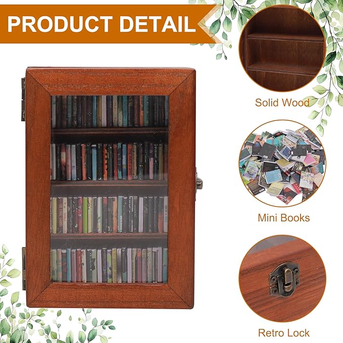 Anxiety Bookshelf With 100pcs Miniature Books | Shake Away Your Anxiety Mini Wood Rustic Book Library | Decorative Gift for Book Lovers (Brown)