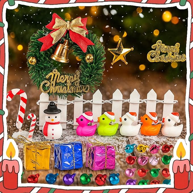 77 PCS Doll House Christmas Set Dollhouse Accessories Miniature Figurines Mini Santa Snowman Books String Lights Fence Ducks Yard Gift Box Decor for Pretend Toys DIY Festival Party Fairy Garden