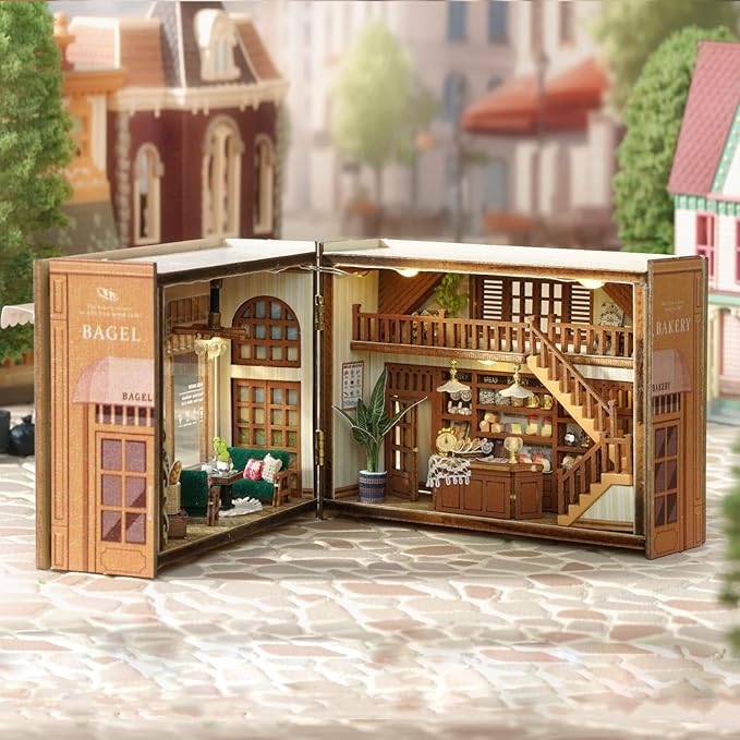DIY Miniature House Kit, CUTEROOM Mini House Kit for Adult to Build, Wooden Dollhouse Making Kit with Furniture, Christmas Birthday Gifts- Bagel Time