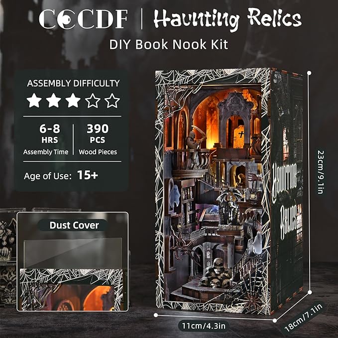 Book Nook Kit, DIY Miniature Dollhouse, Library Booknook Kit Bookend Bookshelf with LED Light for Adults Teens (Haunting Relics)