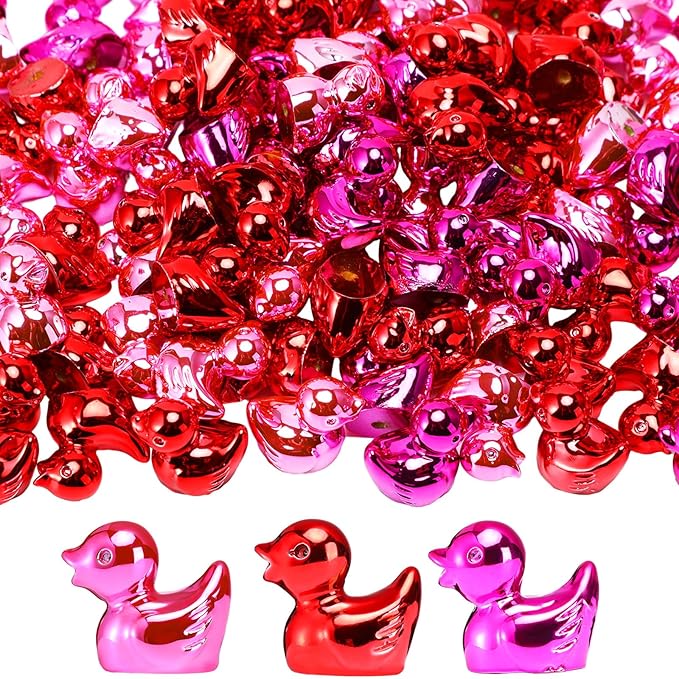 100 Pcs Shiny Valentines Day Mini Duck Figures Colorful Valentines Day Duck Decor Micro Landscape Aquarium Garden Hide and Seek Decoration Charm for Party Gift(Red, Fuchsia and Pink)