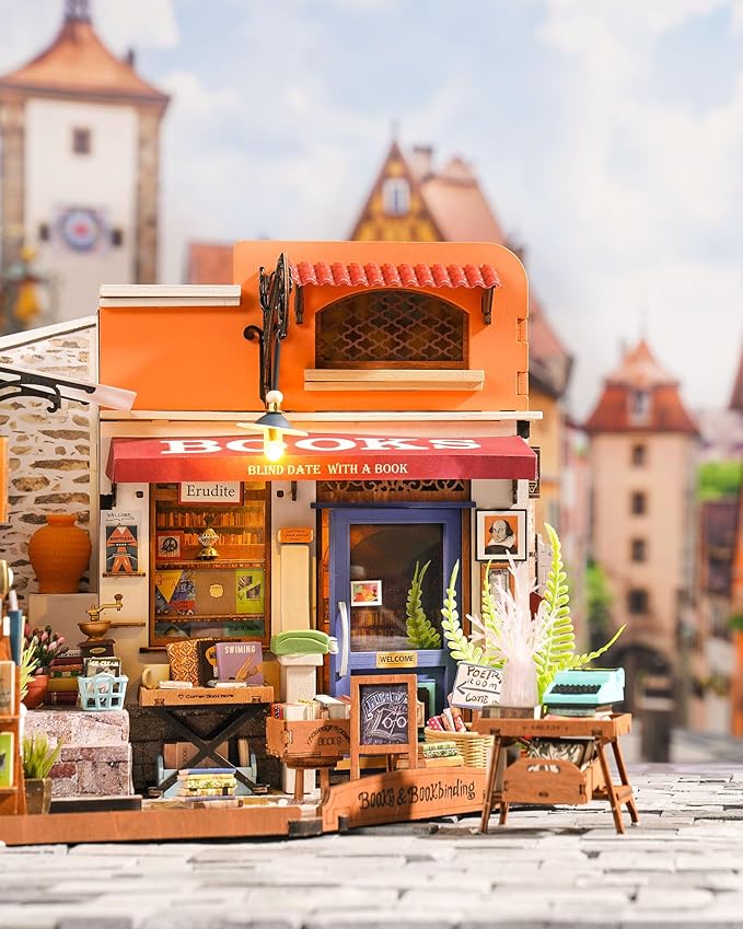 Rolife DIY Miniature House Kit 1:20 Scale Bookstore, Build Mini House Building Kit with LED Lights Craft Kits for Aduls Gifts for Him Her