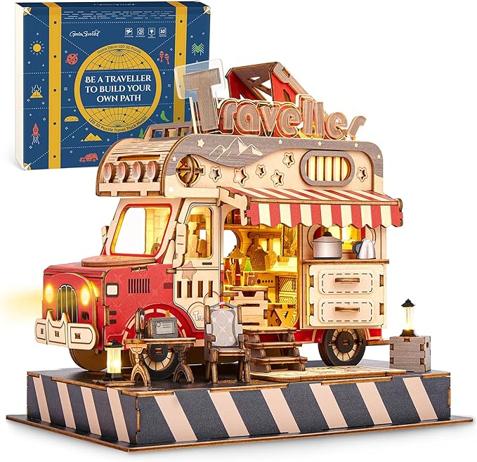 3D Puzzle Travel Truck Puzzle Model -DIY Miniature Kit Dollhouse Food Truck Wooden Model with LED Lights - Unique Gift for Adults and Kids (Travel Truck)