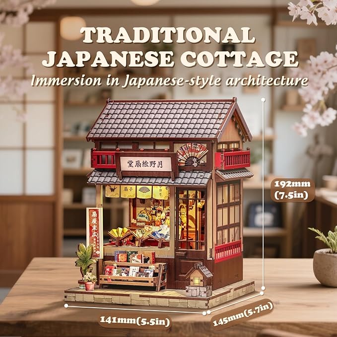 Cutefun Book Nook Kit - DIY Miniature House Kit for Adults, Teens and Beginners, Japanese Booknook Tiny House Bookshelf Decor 3D Wooden Puzzles, Gifts for Friends & Family (Folding Fan Shop)