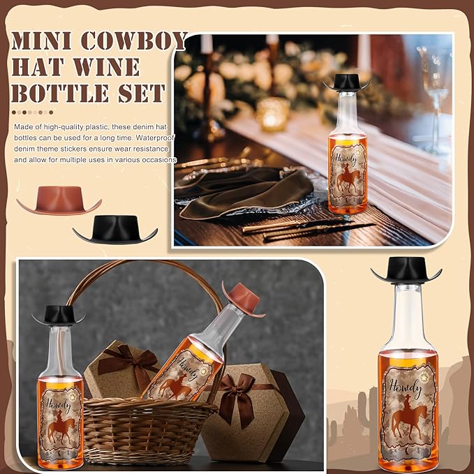 Honeydak 12 Set Mini Cowboy Hats Wine Bottles Western Party Decoration Tiny Cowboy Cowgirl Hat Brown Black Plastic Alcohol Bottles with Funnels for Western Wedding Birthday Bachelorette Favors