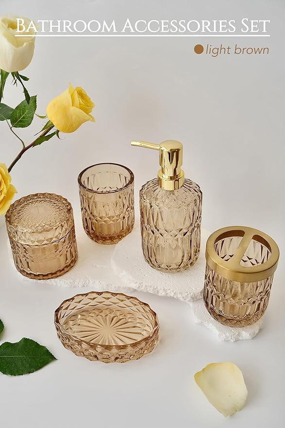 LaMarriti Brown Bathroom Accessories Set, 5Pcs Clear Glass Bathroom Accessories, Lotion Soap Dispenser, Toothbrush Holder Set, Soap Dish, Qtip Holder, Tumbler for Vintage Bathroom Decor, Gift Set
