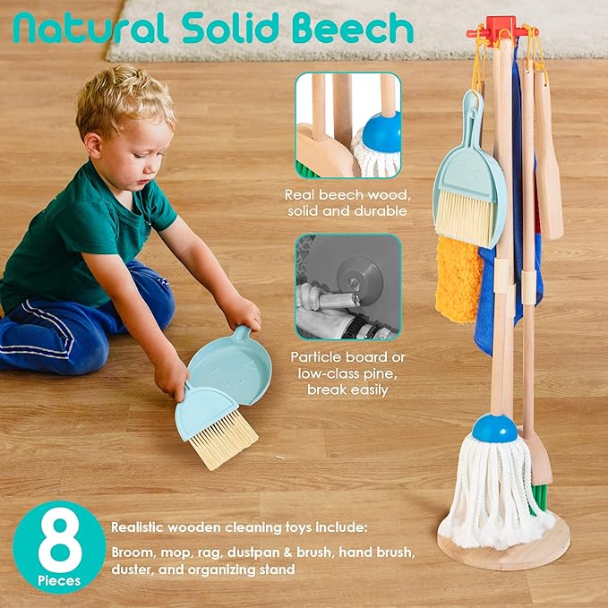 HELLOWOOD Kids Cleaning Set, 8 Pcs Wooden Housekeeping Play Set Includes Broom Mop Duster Dustpan Brushes Rag and Organizing Stand, Cleaning Toys Gift for Toddlers Girls Boys Age 3-6, Solid Beech Wood