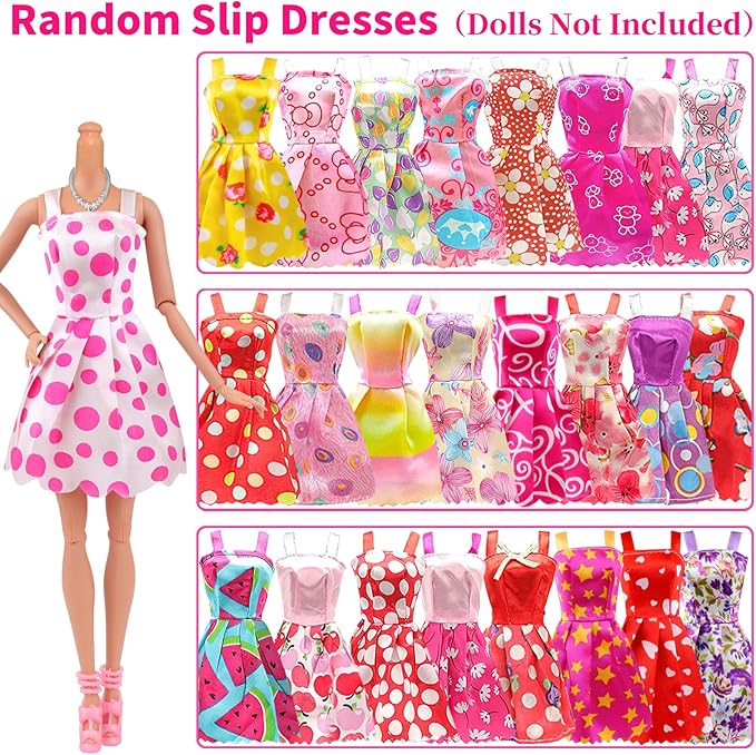 Ecore Fun 39 Pcs Doll Clothes and Accessories 3 Fashion Dresses 10 Slip Dresses 3 Tops 3 Pants 10 Necklaces 10 Shoes Fashion Casual Outfits Perfect for 11.5 inch Dolls