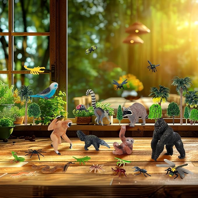 35 Pack Rainforest Animals Figures Set Animal Cake Decor Assorted Creatures Diorama Animals Model Trees for Birthday Party Favors, Piñata Fillers