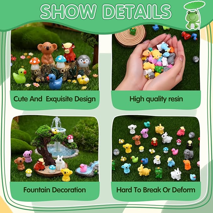 60 Pcs Mini Resin Animals with Organza Bag Card Miniature Resin Frog Rabbit Highland Cattle Koala Penguin Duck Mushroom Bee for DIY Cake Decoration Ornaments Crafts Moss Landscape