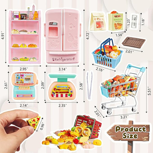 180 Pcs Dollhouse Miniature Kitchen Accessories Shopping Cart Basket Mini Food Drinks Dollhouse Store Grocery Supermarket Metal Handcart Party Model Shelves Cash Register Refrigerator