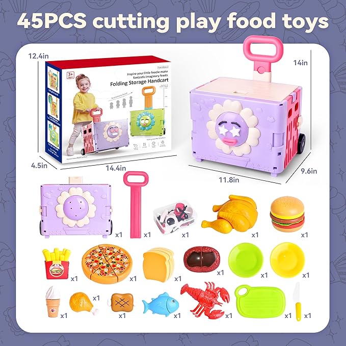 45PCS 3-in-1 Toddler Girl Foldable Shopping Cart Trolley Play Set W/Pretend Play Food for Kids Kitchen ,Cutting Fake Food W/Pizza ,Hamburger ,Play Kitchen Accessories,Gifts for Boys and Girls Ages 3+